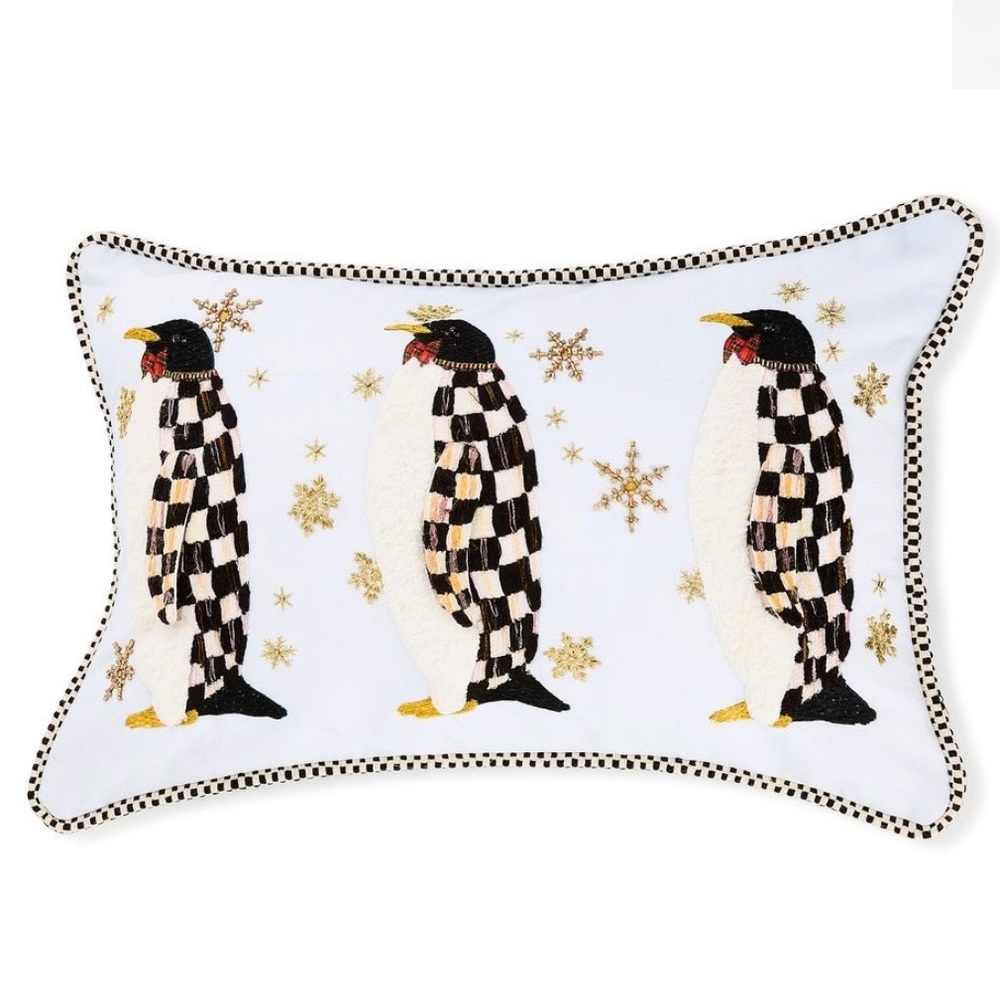 Mackenzie Childs PENGUIN PARADE Throw Pillow Courtly Check Winter Christmas